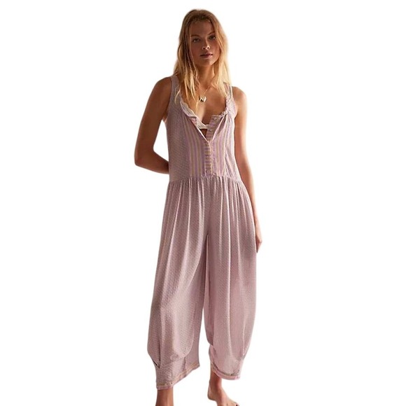 Free People Pants - Free People Full Bloom Lilac Glow Combo Harem Jumpsuit Wide Leg Boho L NEW